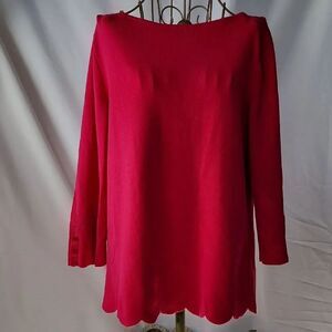Scalloped Hem Fuschia 3/4" Sleeved Bateau Neck Finely Knit Ribbed Sweater Fun